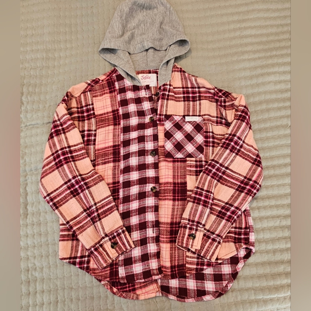 Plaid Hooded Kids Shirt by Justice - Red, Pink, and Gray